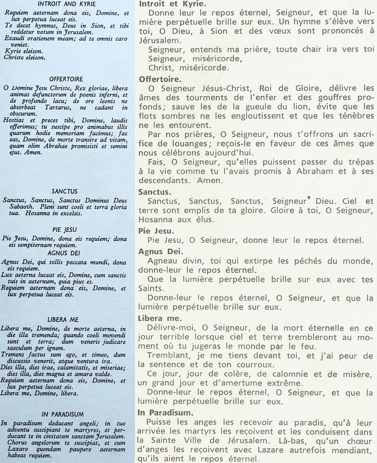 Texte du Requiem de Fauré et une traduction en français, cliquer pour une vue agrandie