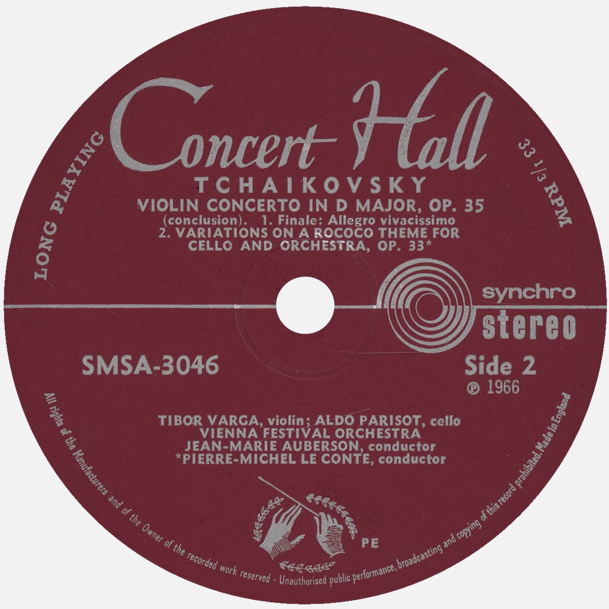Étiquette verso du disque Concert Hall SMS 3046