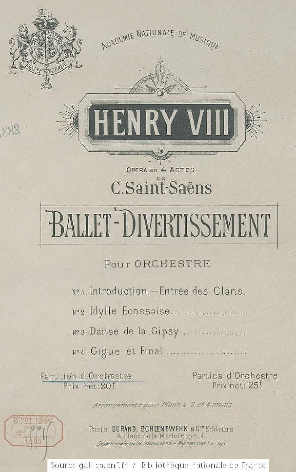 Henry VIII: opéra en 4 actes, Ballet-divertissement pour orchestre de Camille Saint-Saëns, Durand, Schoenenwerk & Cie (Paris), 1883, 1 partition (p. 312-413), 35 cm, Droits: domaine public, Identifiant: ark:/12148/bpt6k1166857g, Source: Bibliothèque nationale de France, département Musique, D-13793, cliquer pour une vue agrandie