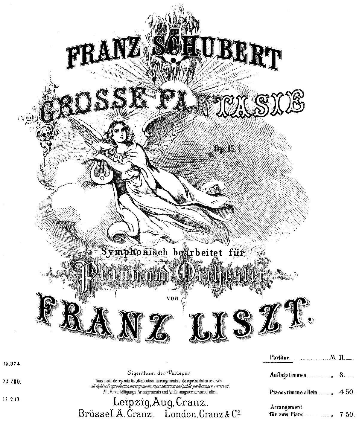 Page de garde de la partition Schubert, D 760, orch. Liszt, S 366, Ed. Vienna, Carl Spina, n.d. Plate C.S. 15974, Reprinted Leipzig: August Cranz, n.d.(after 1876), cliquer pour une vue agrandie