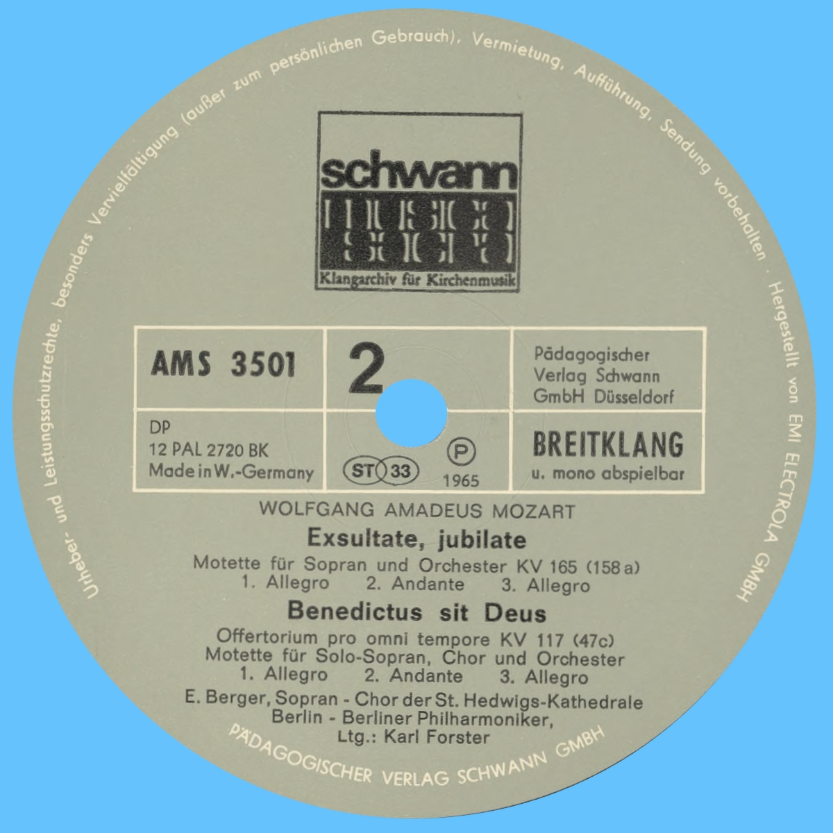 Étiquette verso du disque Schwann Musica Sacra AMS 77