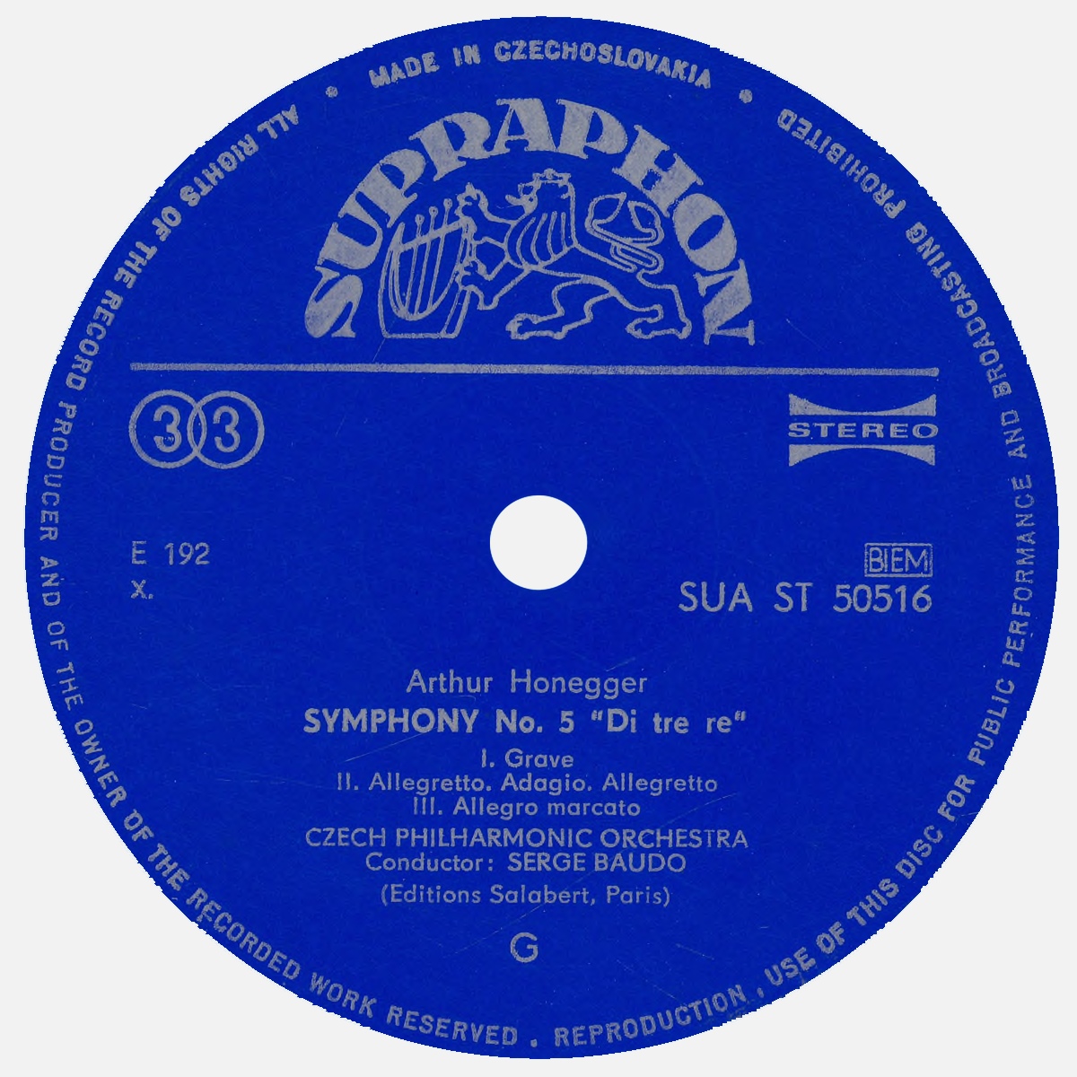 Étiquette verso du disque Supraphon SUA ST 50516