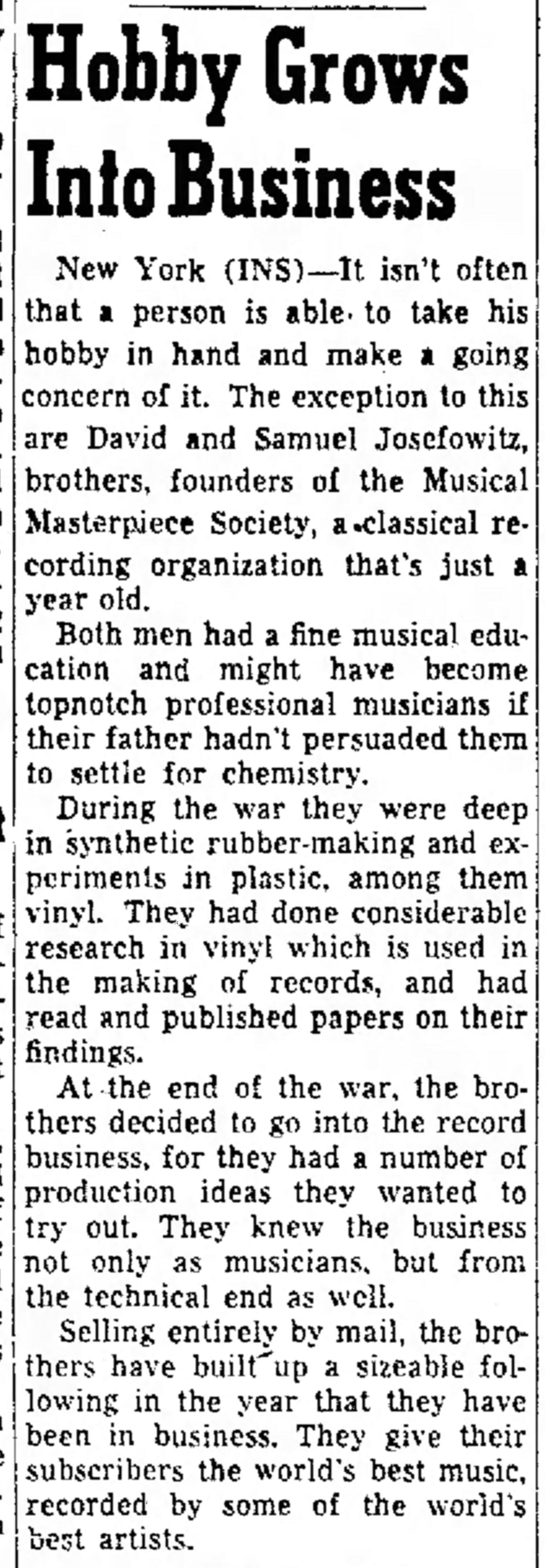 Extrait de: The Times Record, Samedi 16 janvier 1954, page 18