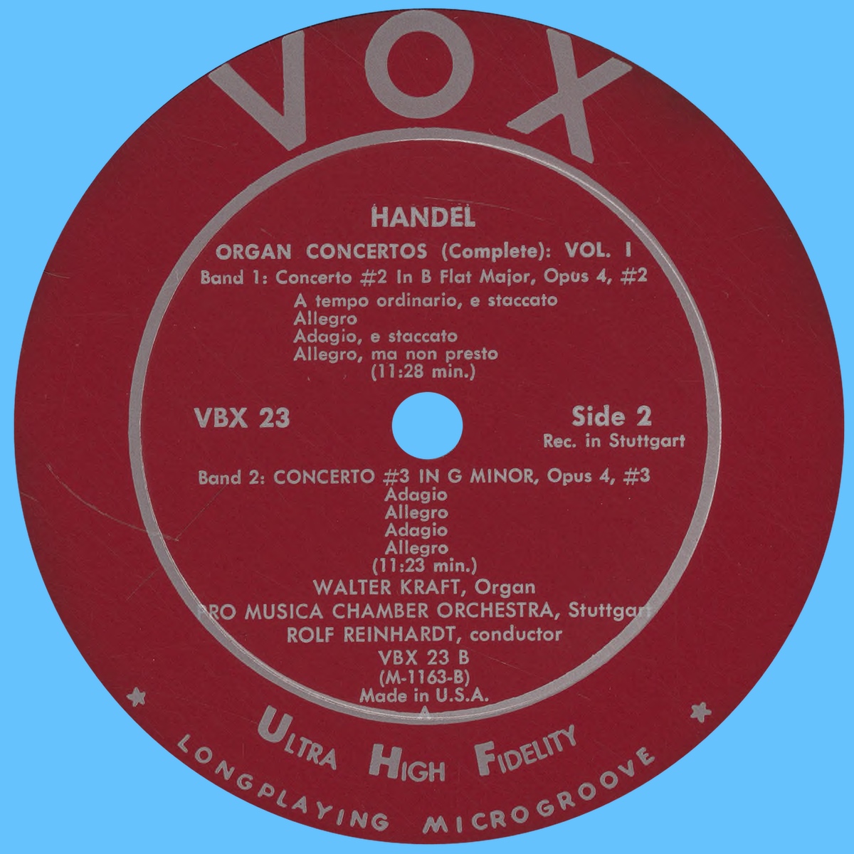 Étiquette verso du premier disque du coffret VOX VBX 23