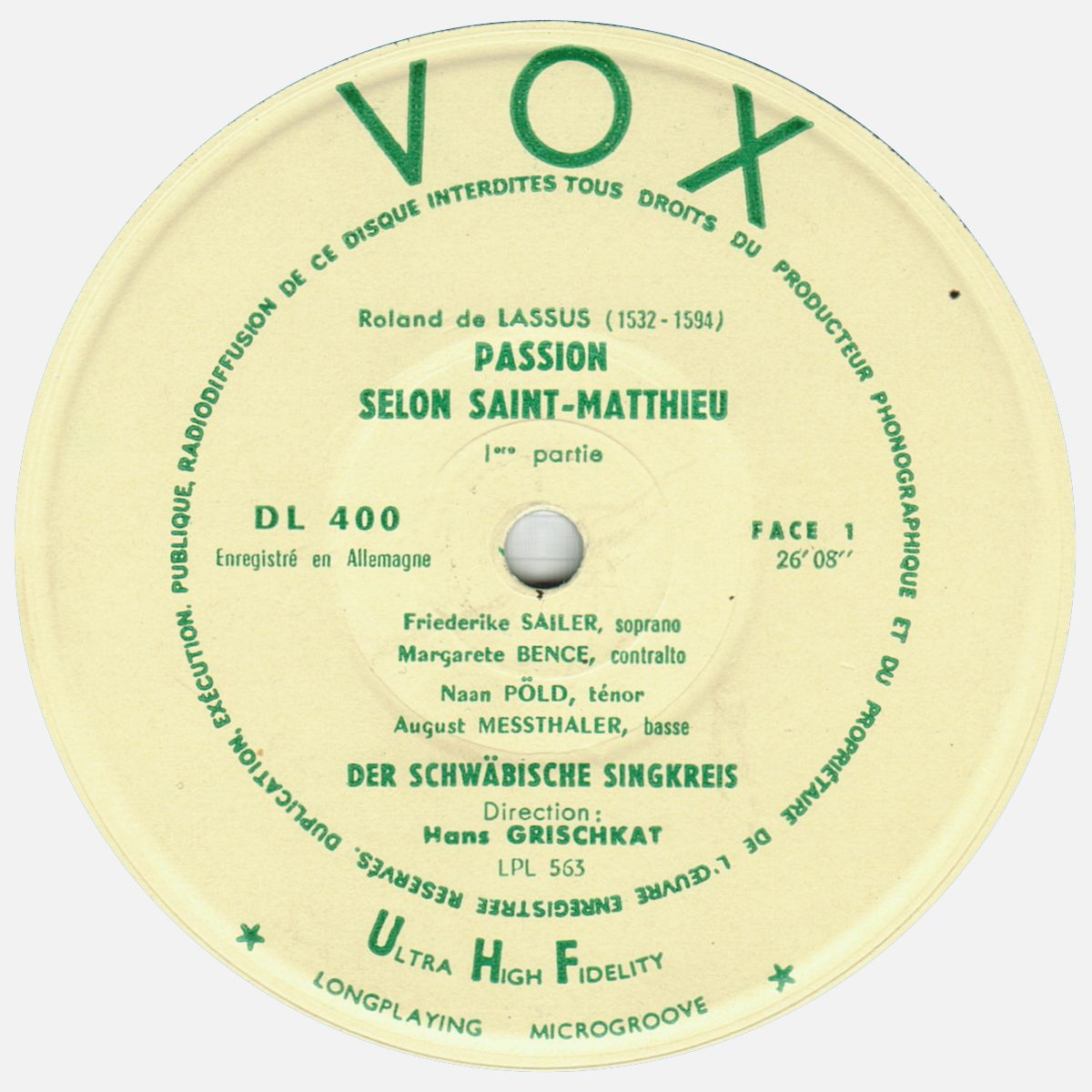 Disque VOX DL 400, étiquette face recto, cliquer pour une vue agrandie