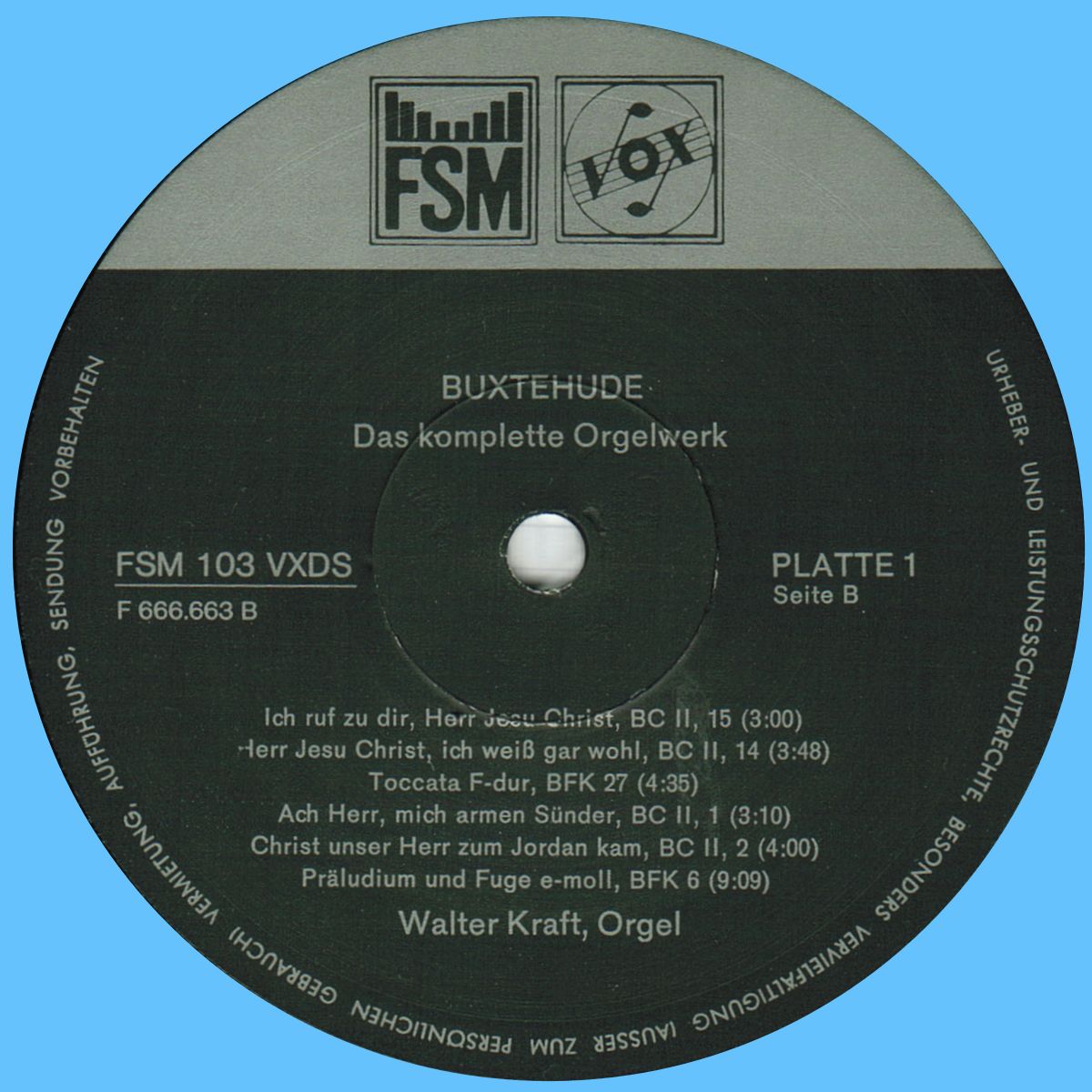 Coffret VOX FSM 103 VXDS, 1er disque F 666 663, étiquette face verso