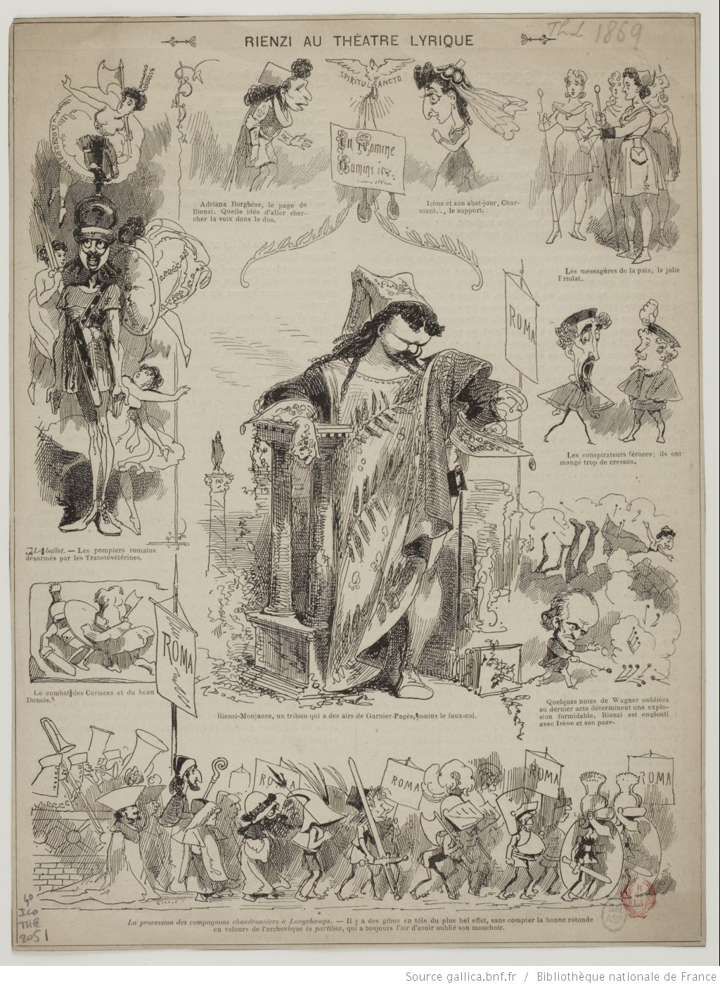 Illustrations de presse pour Rienzi lors de la première représentation en France, trad. de Charles Nuitter et Jules Guilliaume; mise en scène de Augustin Vizentini. - Paris: Théâtre-Lyrique, 06-04-1869, Date d'édition: 1869, Droits: domaine public, Identifiant: ark:/12148/btv1b8405671r, Source: Bibliothèque nationale de France, département Arts du spectacle, 4-ICO THE-2051, cliquer pour voir l'original