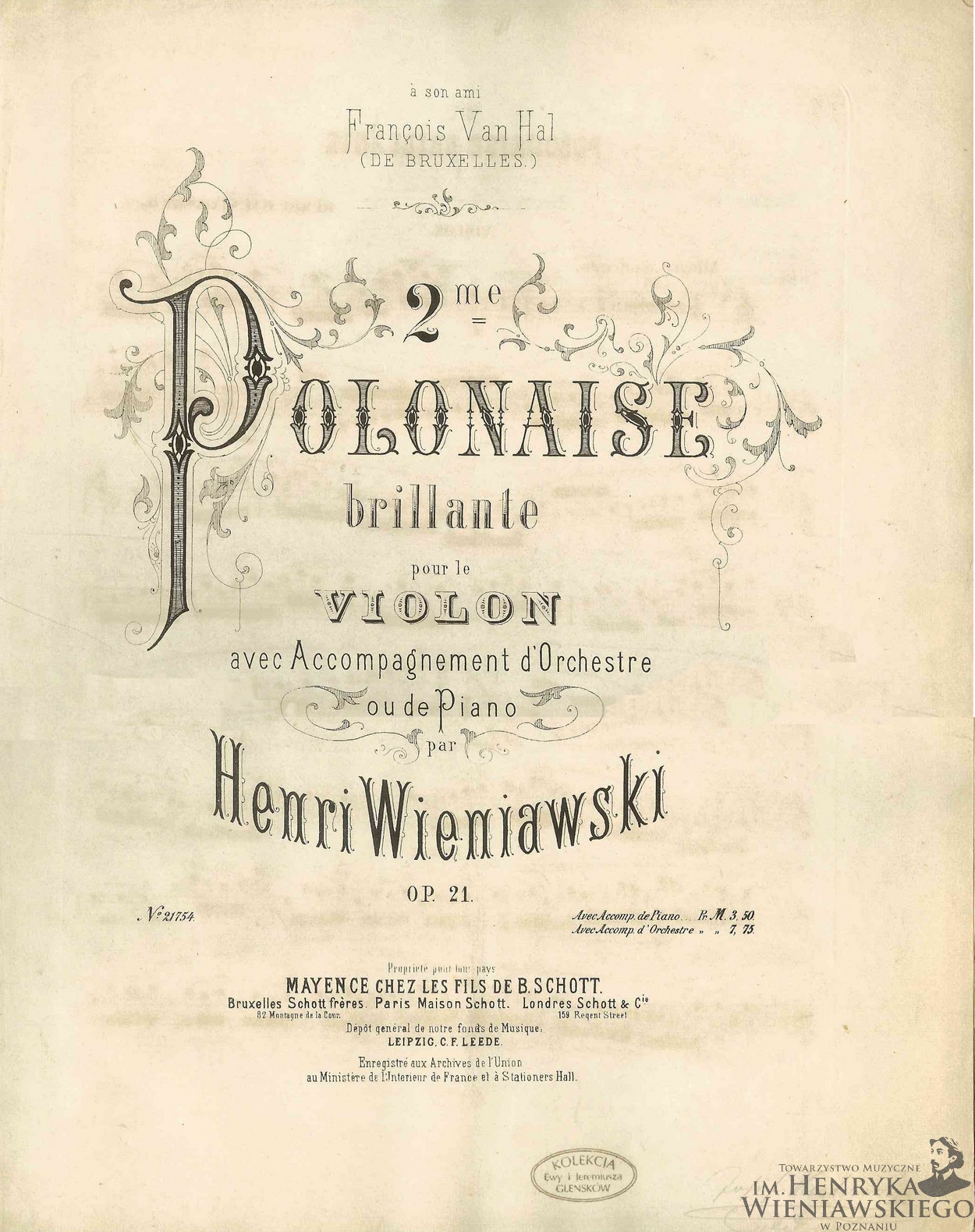 Page de couverture de la partition de l'opus 21 d'Henryk Wieniawski, Mainz, Schott, Pl. Nr 21754, 1875, http://www.wieniawski.com/op_21_eng.html, cliquer pour une vue agrandie