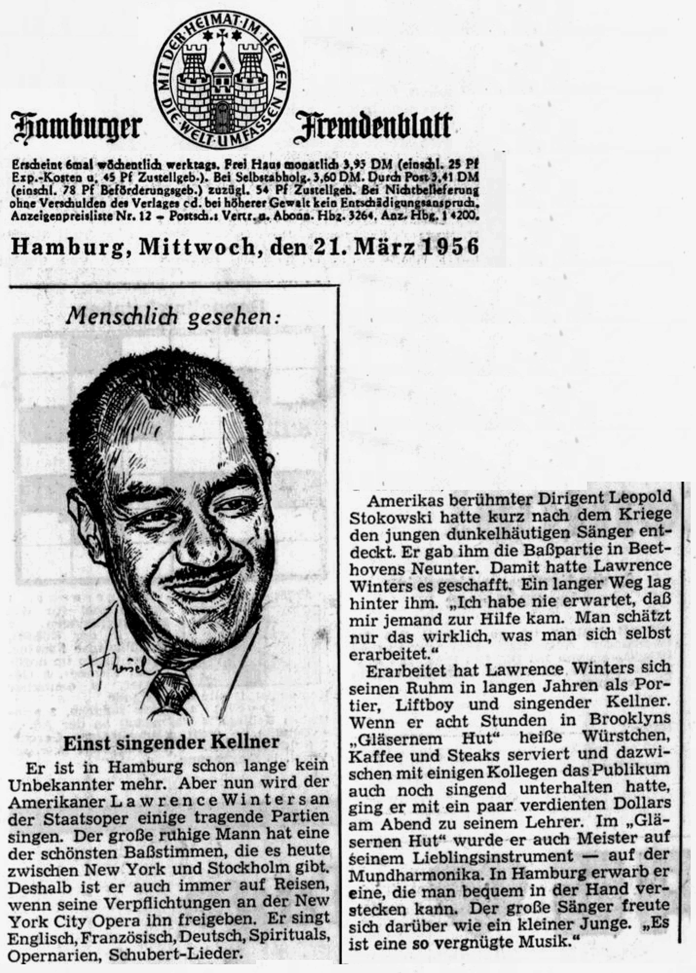Lawrence WINTERS, Einst singender Kellner, Hamburger Abendblatt, 21.03.1956, page 1, clicquer pour une vue agrandie