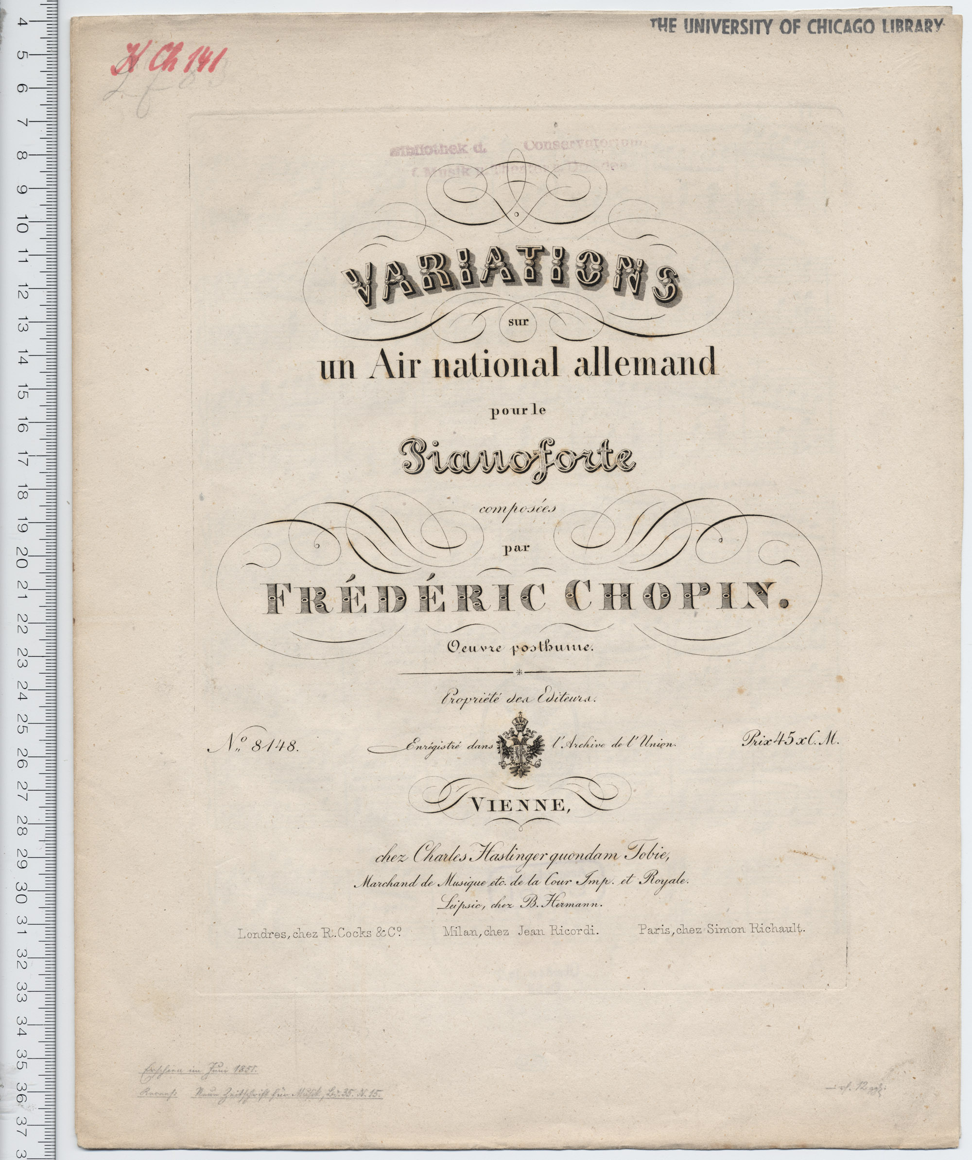 Frédéric Chopin, Variations sur un air national allemand pour le pianoforte, oeuvre posthume, Vienne, Charles Haslinger [1851], The University of Chicago, Library, Call No.: M27.C54V3 c.1, clicquer pour voir l'original