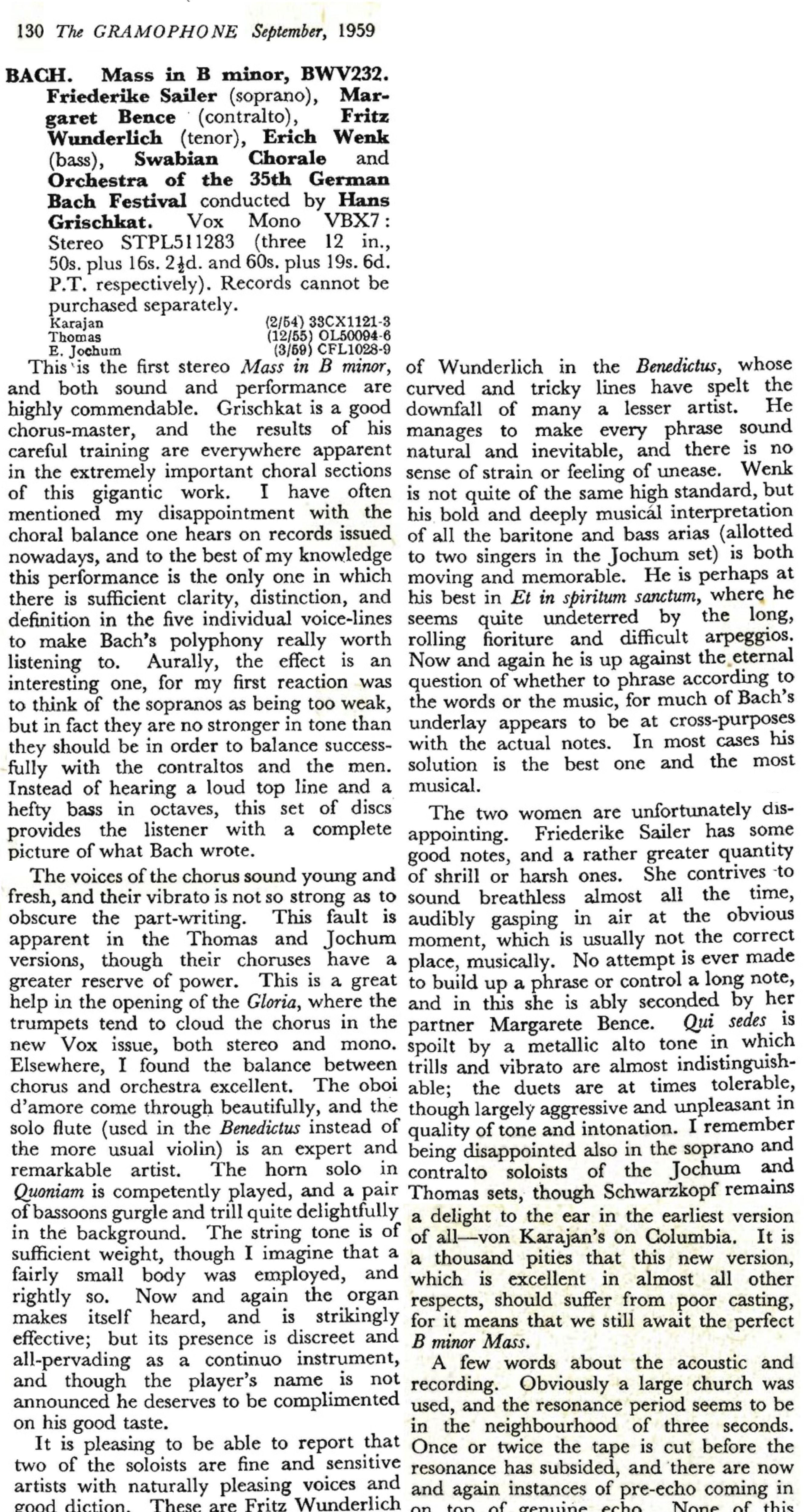 BWV 232 Sailer Bence Wunderlich Wenk Gleissle Grischkat The Gramophone september 1959 page 130 131