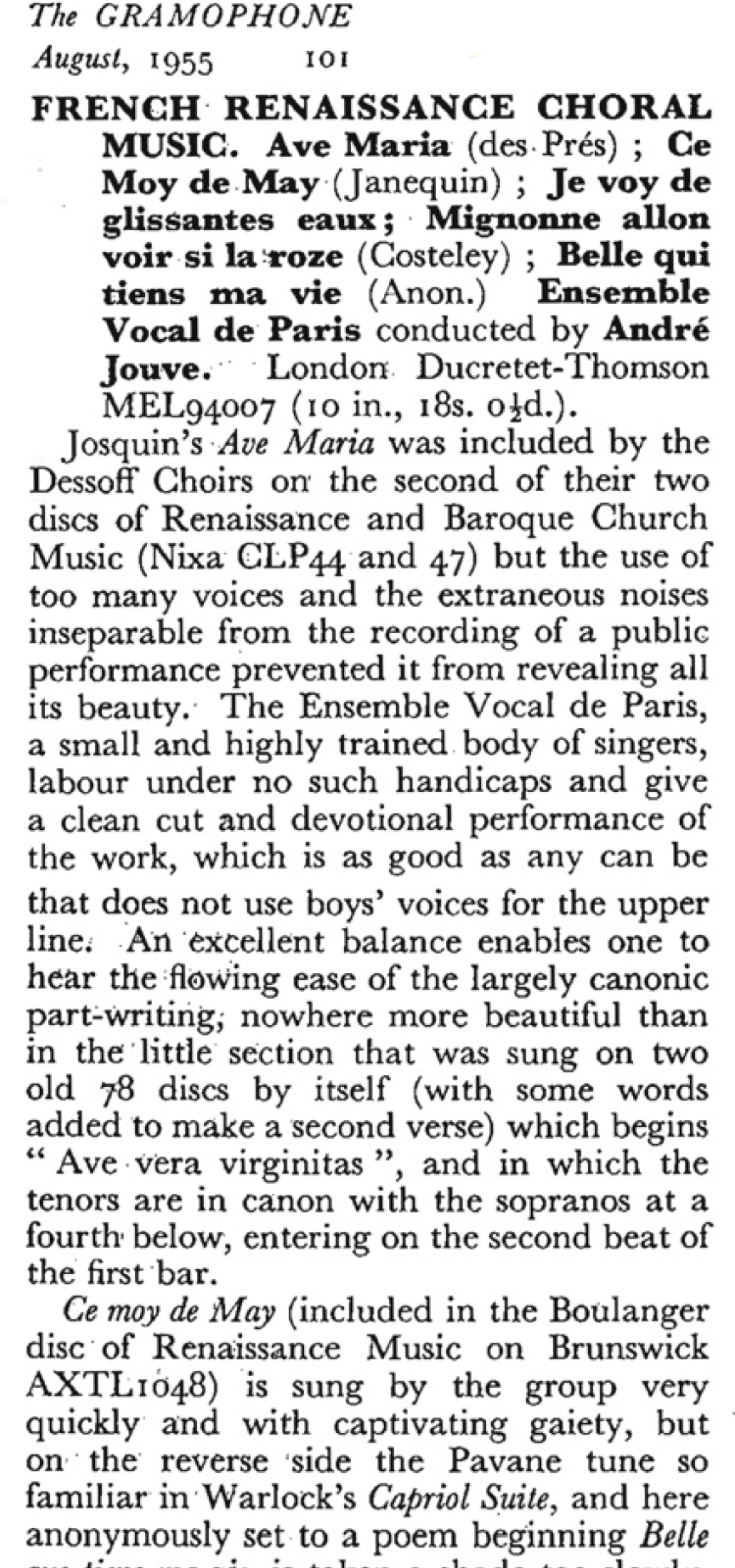 Josquin des Pres AveMaria Jouve The Gramophone August 1955 page 101