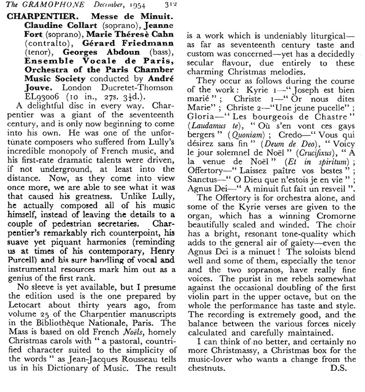 Compte-rendu publié dans la revue «The Gramophone» de décembre 1954, en page 312