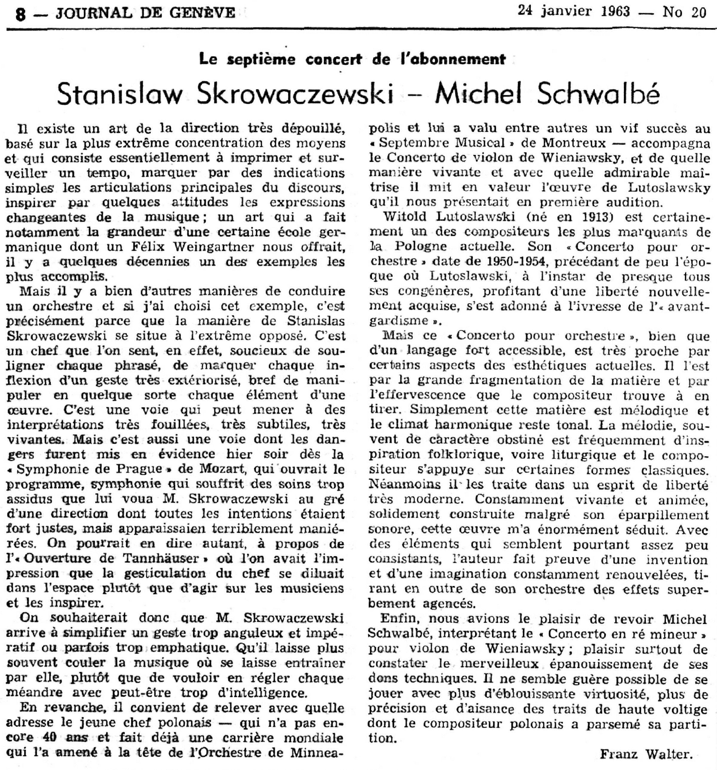 Concert du 23 janvier 1963, Chronique de Franz Walter citée du Journal de Genève, jeudi 24 janvier 1963, page 8
