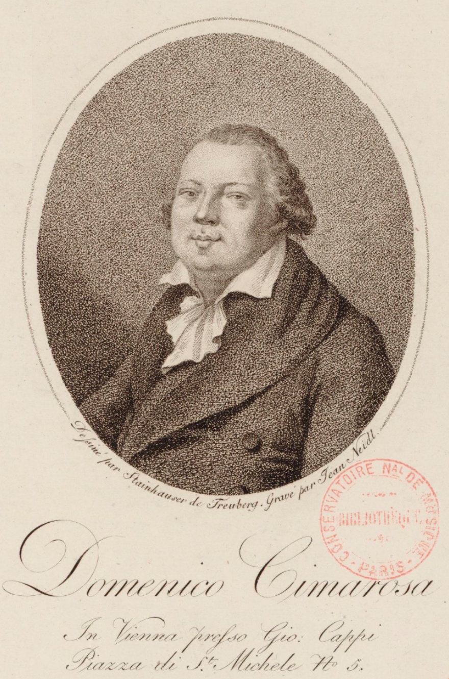 Domenico Cimarosa, Johann Joseph Neidl, graveur, d'après Gandolph Ernest Stainhauser von Treuberg, Éditeur:  G. Cappi (Vienne, 1802, Format:  1 estampe, eau-forte et pointillé, 19,5 x 14,5 cm, Droits:  domaine public, Identifiant: ark:/12148/btv1b8416573t, Source: Bibliothèque nationale de France