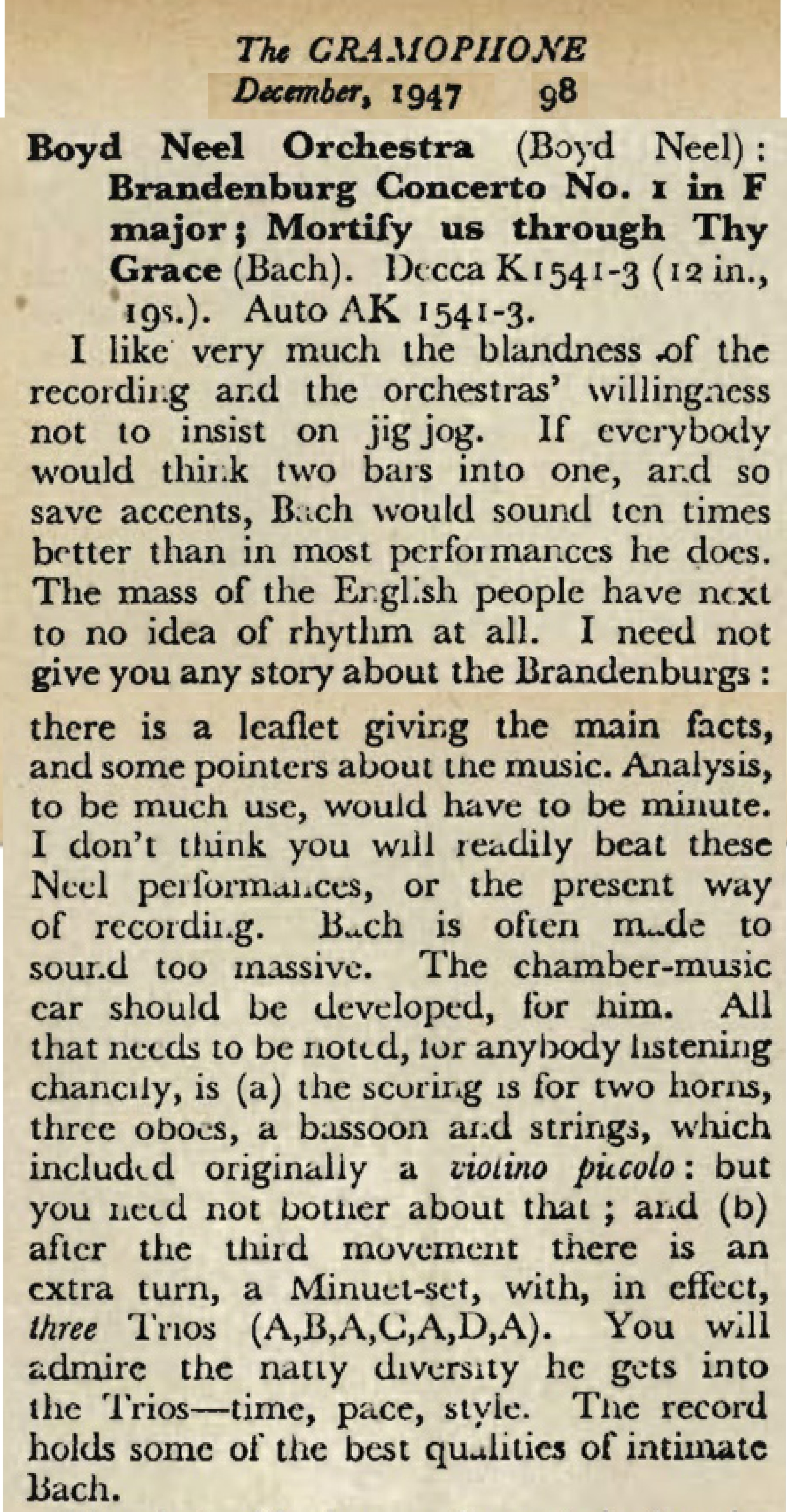 Neel BWV 1046 Gramophone dec 1947 page 98