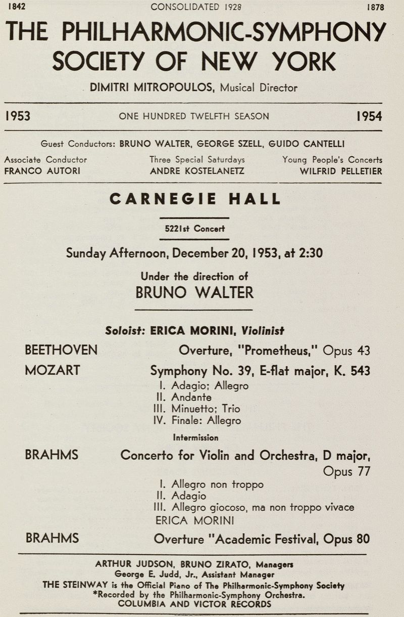 Programme Concert NYPO WALTER 20 12 1953